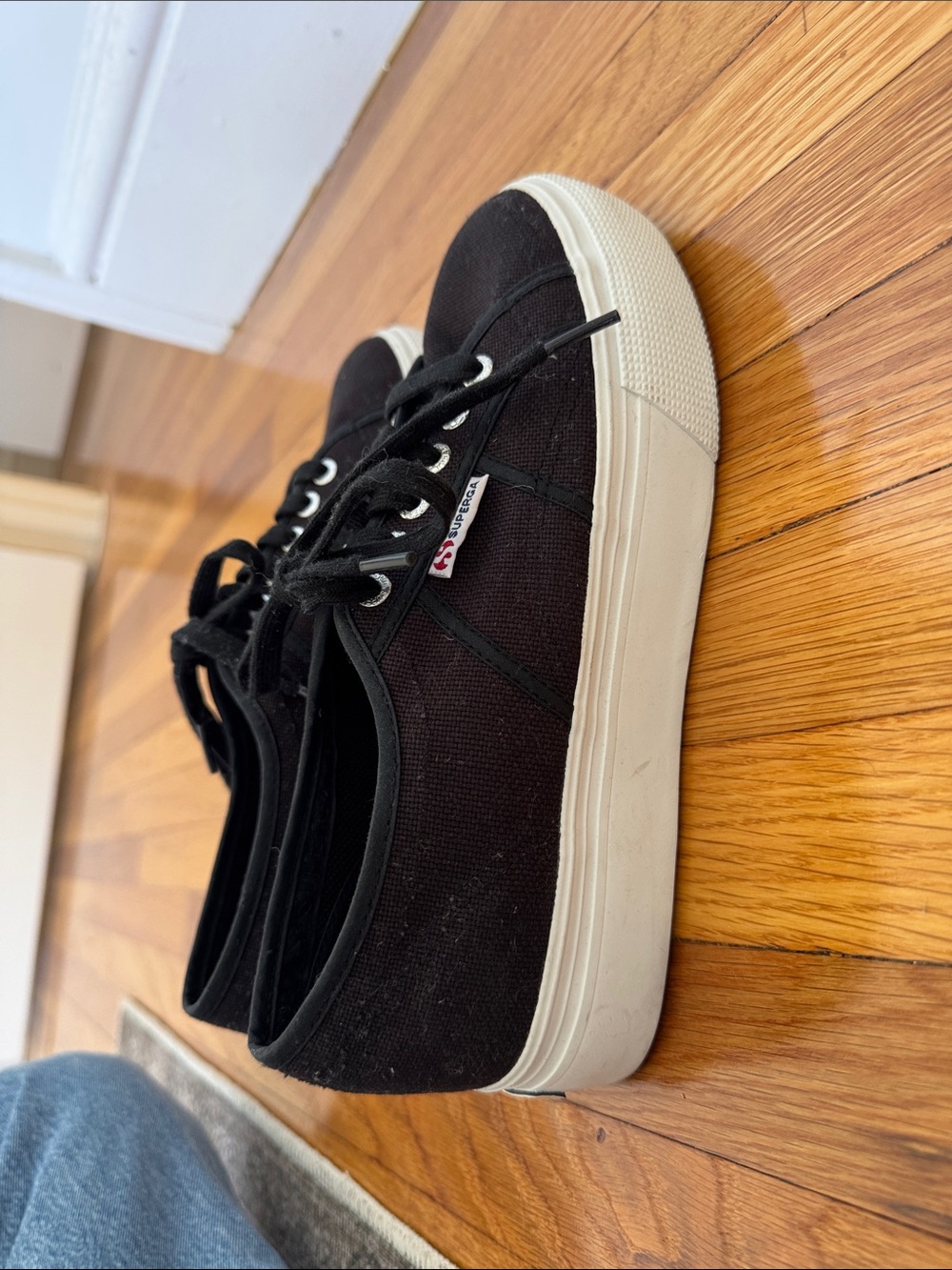 Superga Black Canvas Sneakers with White Platform Sole